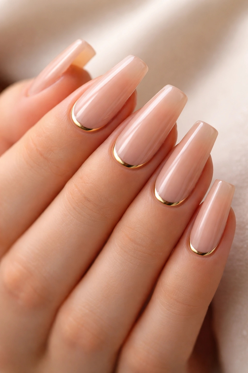 Close-up of nude coffin nails with slim gold cuticle crescents on a neutral background