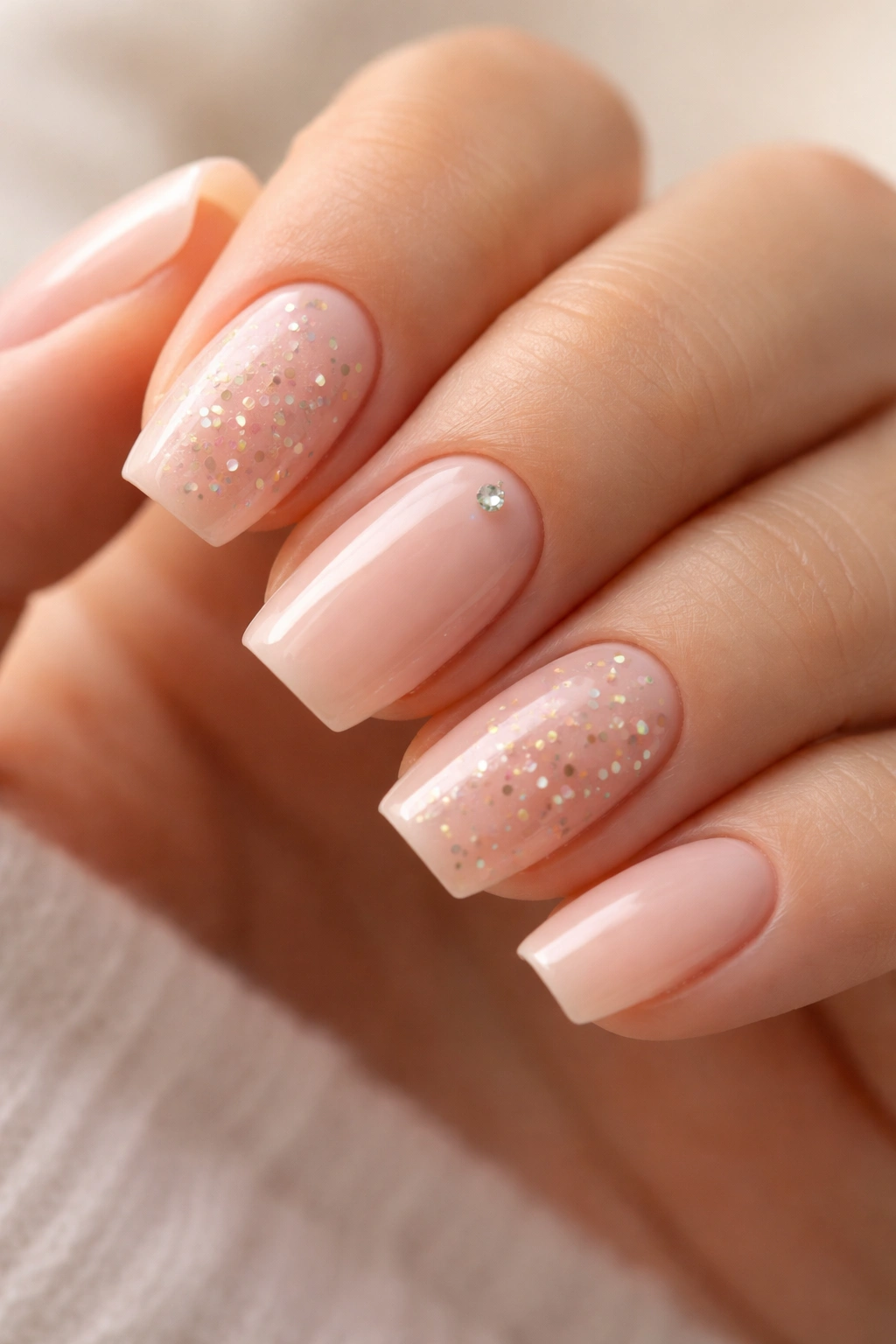 Close-up of nude coffin nails with tiny confetti flecks and a crystal dot accent
