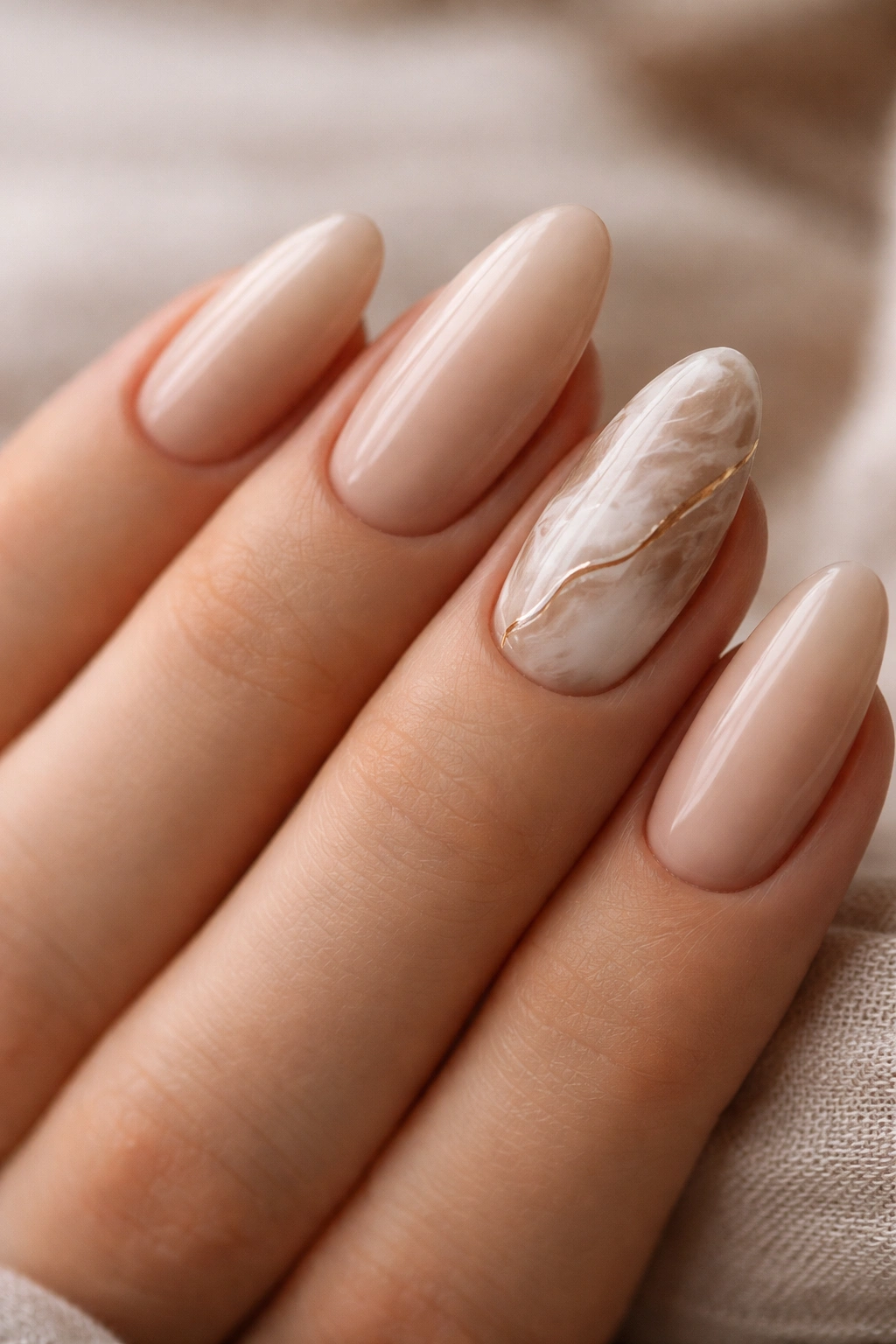 Nude almond nails with delicate marble accents on accent nails