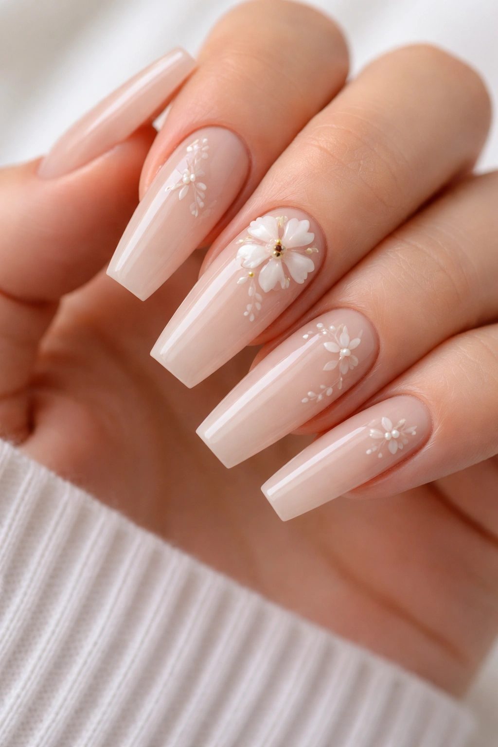 Close-up of nude coffin nails with low-profile 3D petals near the cuticle.