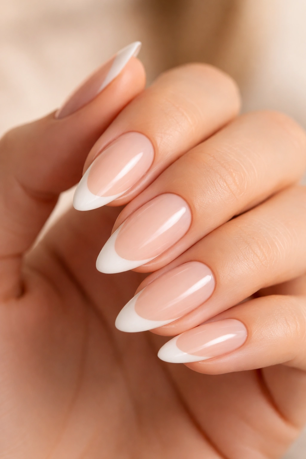Almond nails with a milky nude base and a soft white smile line.