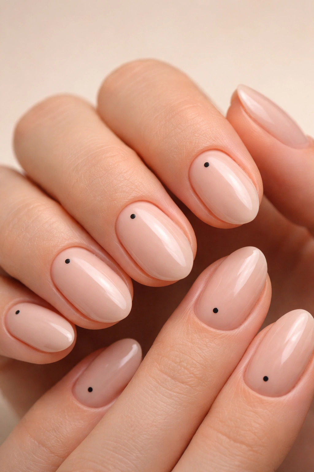 Close-up of short almond nude nails with a single accent dot on each nail