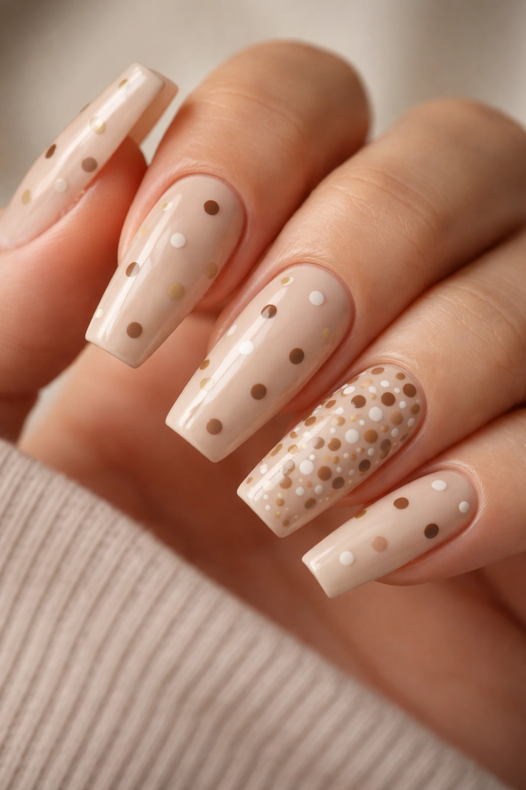 Close-up of nude coffin nails with mixed neutral dots and a dense accent nail.