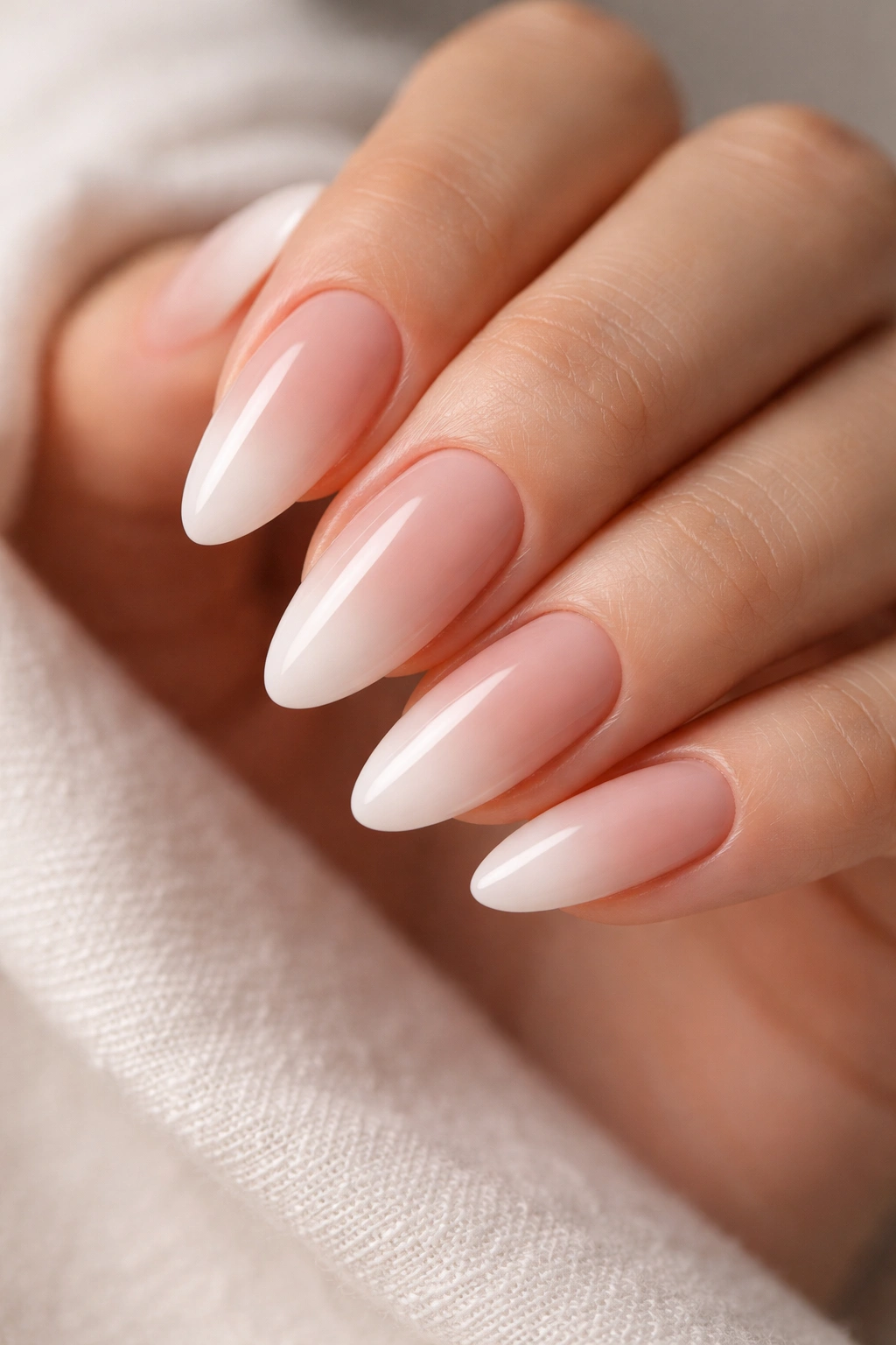 Close-up nude-to-milk glass fade almond nails with sheer nude base and milky white tips
