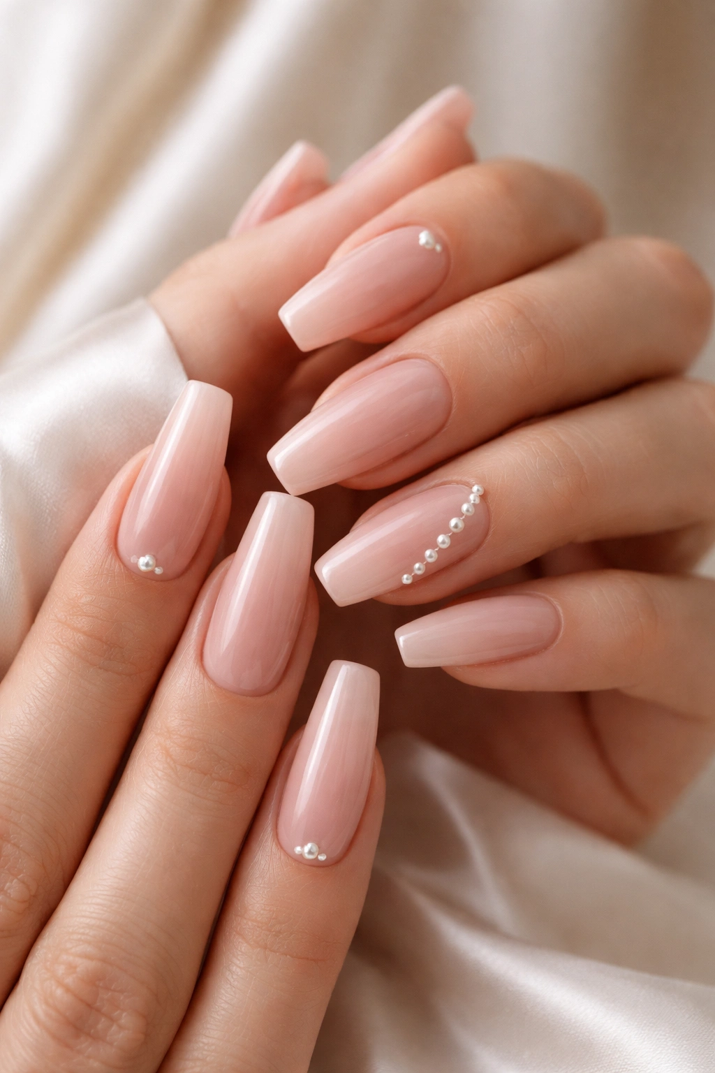 Close-up of hands with sheer nude ballerina nails and tiny pearl accents on select nails, soft bridal backdrop