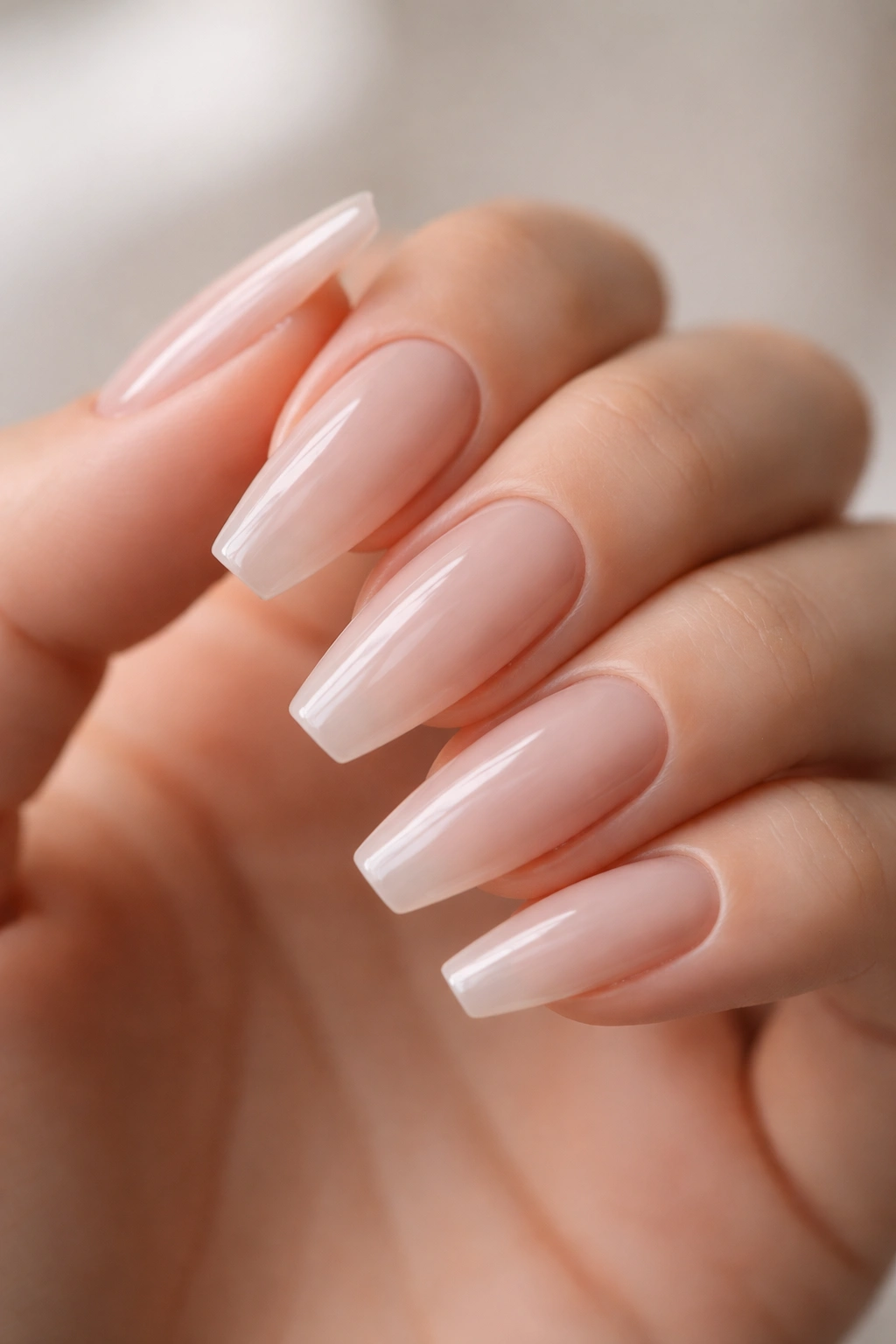 Close-up of ballerina nails in translucent putty nude with glassy shine