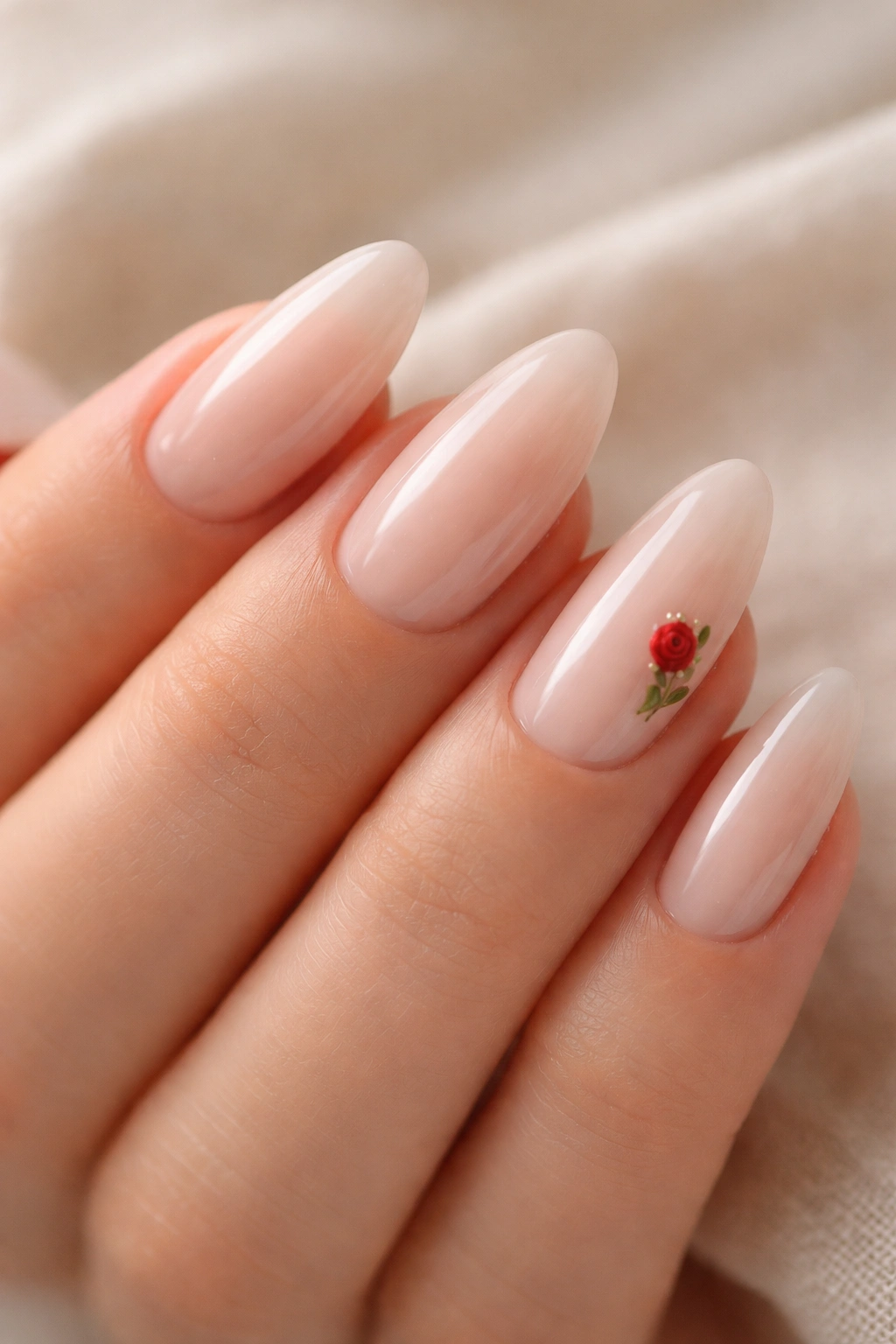 Close-up of Nude Nails With Tiny Red Roses featuring a small red rose accent