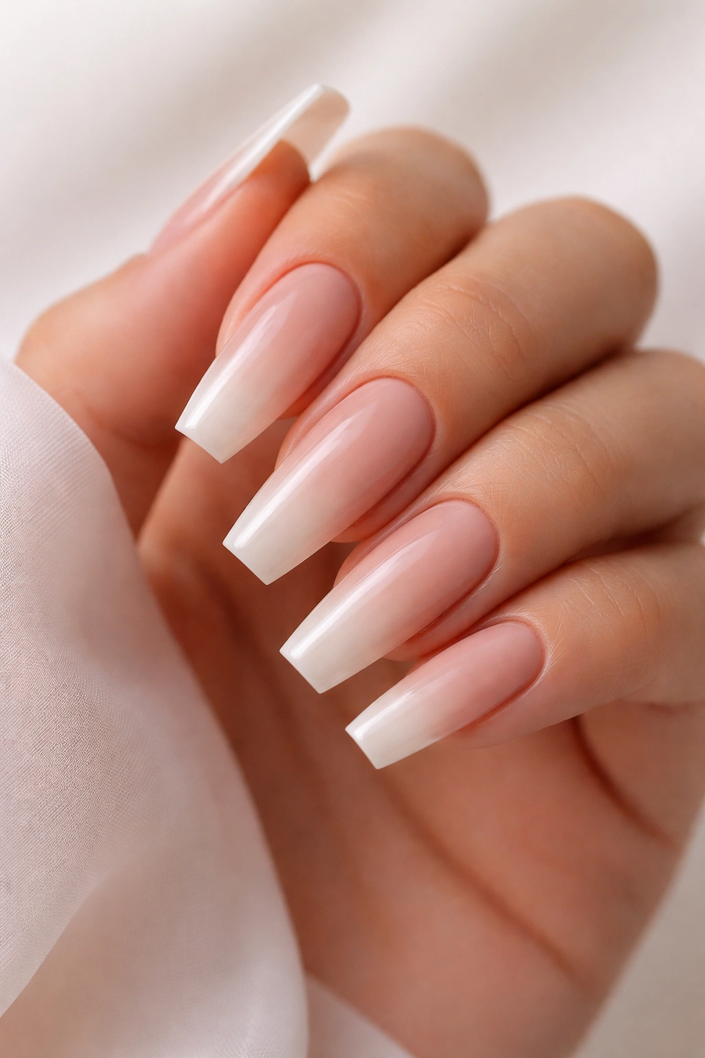 Close-up of nude ombre coffin nails with a whisper-thin French edge on a hand