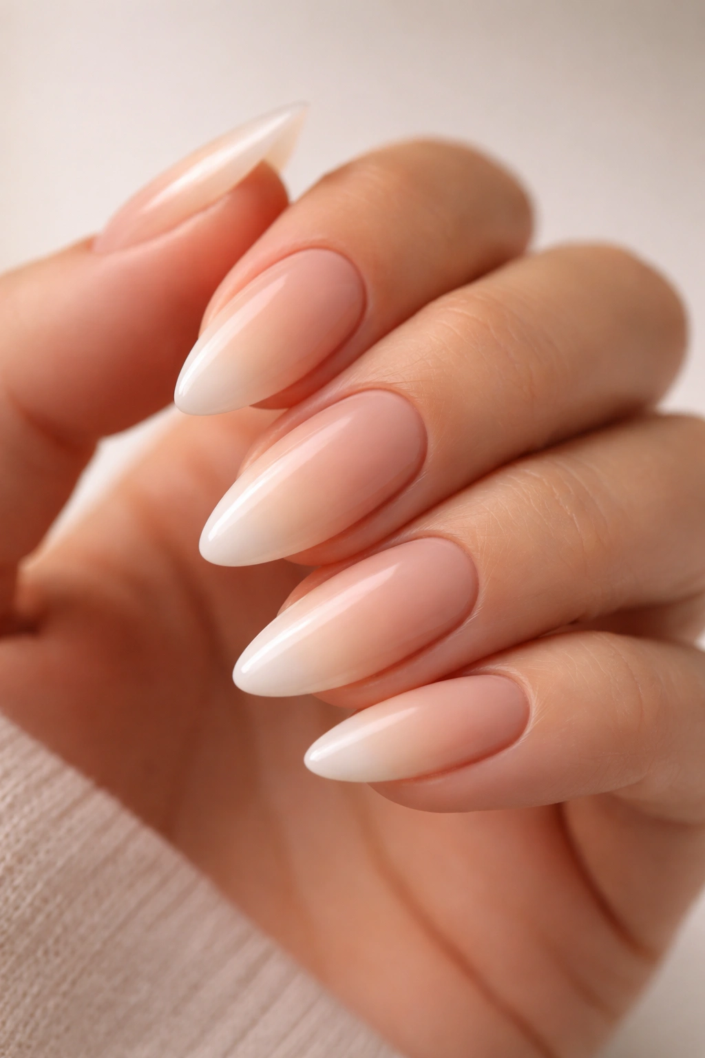 Nude ombre almond nails with seamless gradient; close-up