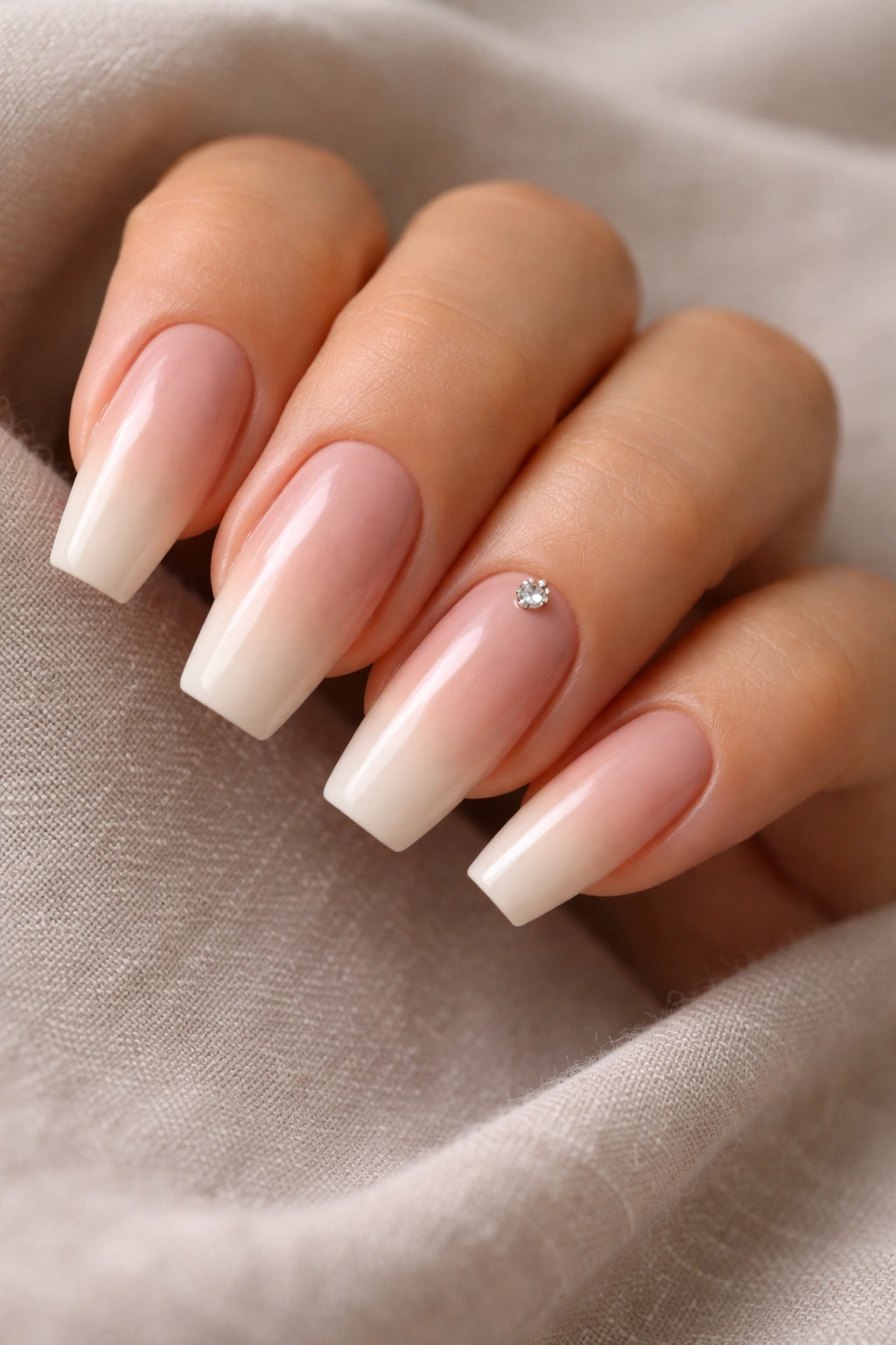 Close-up of nude ombre coffin nails with a tiny crystal accent on the ring finger