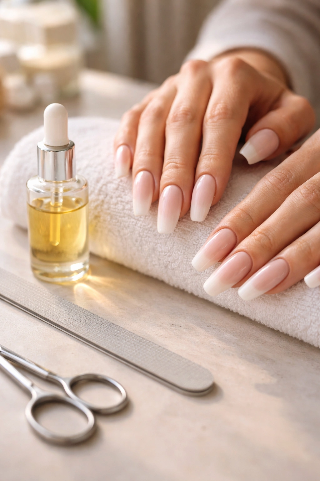 Hands with nude ombre coffin nails and cuticle oil on a clean workstation