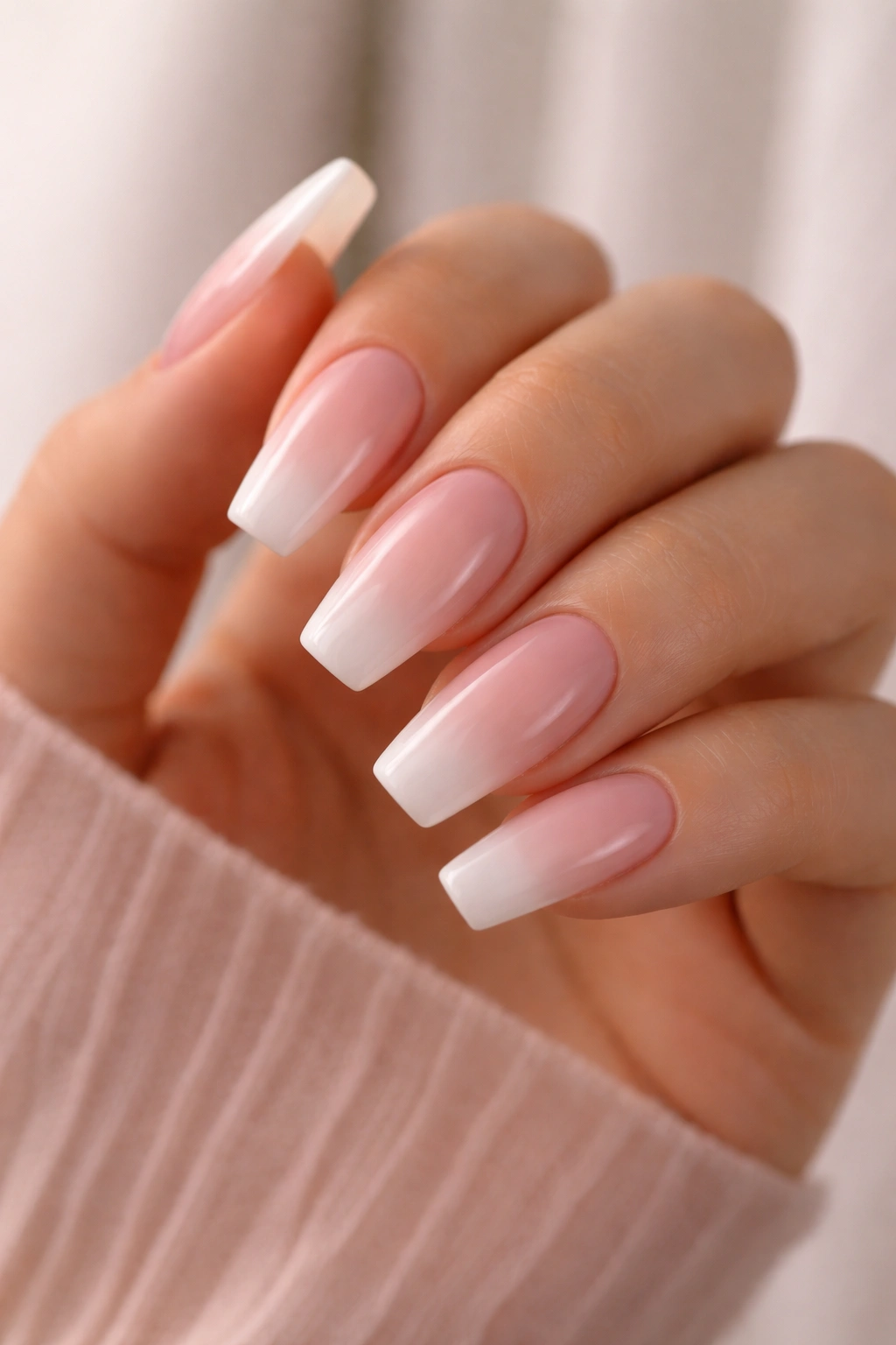 Coffin nails with nude-pink French fade gradient from base to tip