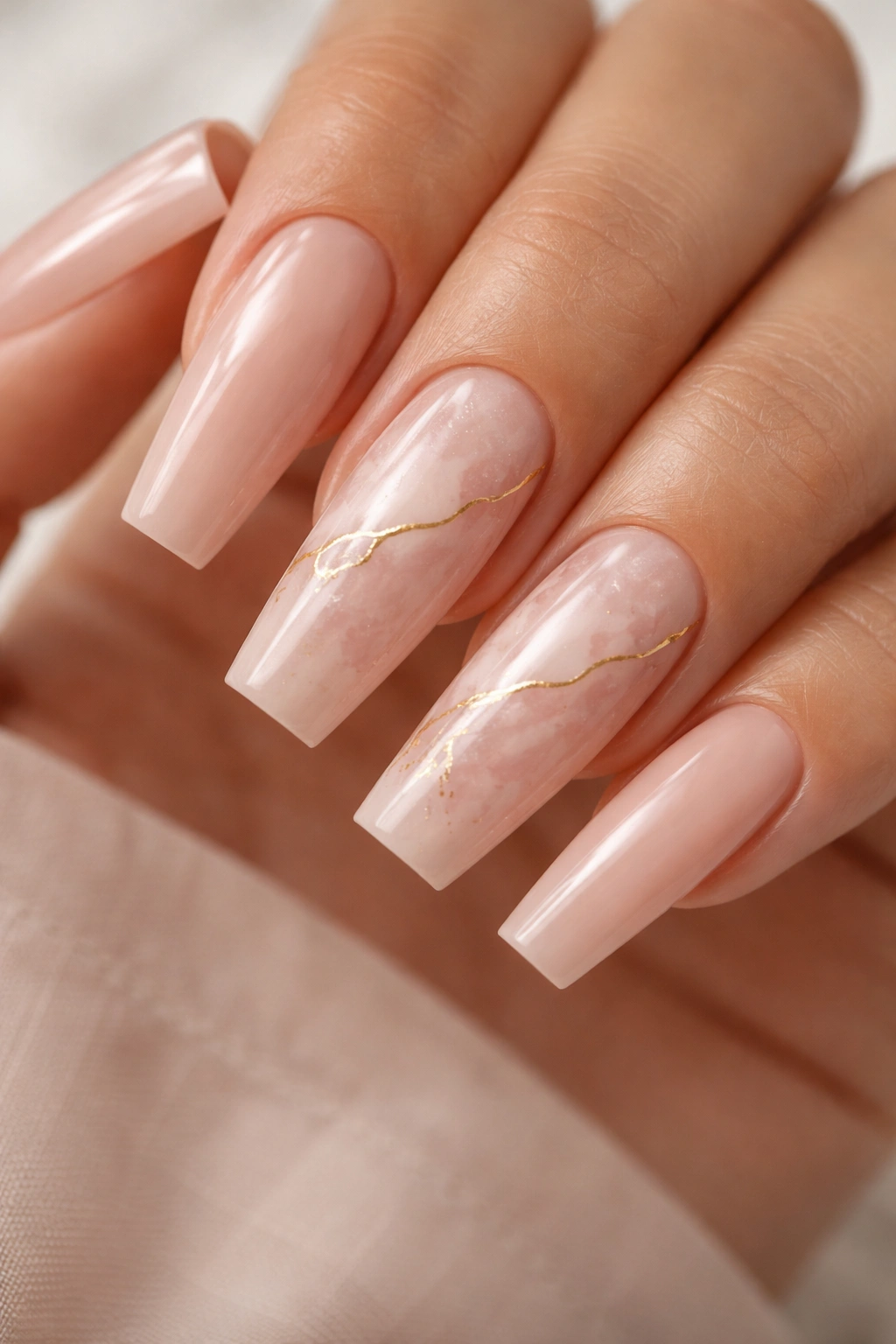 Nude-pink marble coffin nails with fine gold veins