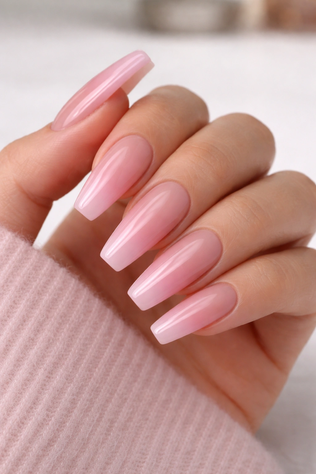 Nude-to-pink ombré coffin nails with seamless gradient