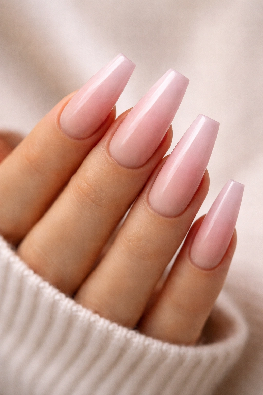 Close-up of nude-pink ombré coffin nails with soft gradient