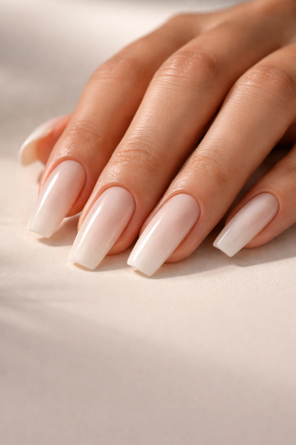 Close-up of coffin nails in milky off-white oat milk shade with glossy finish