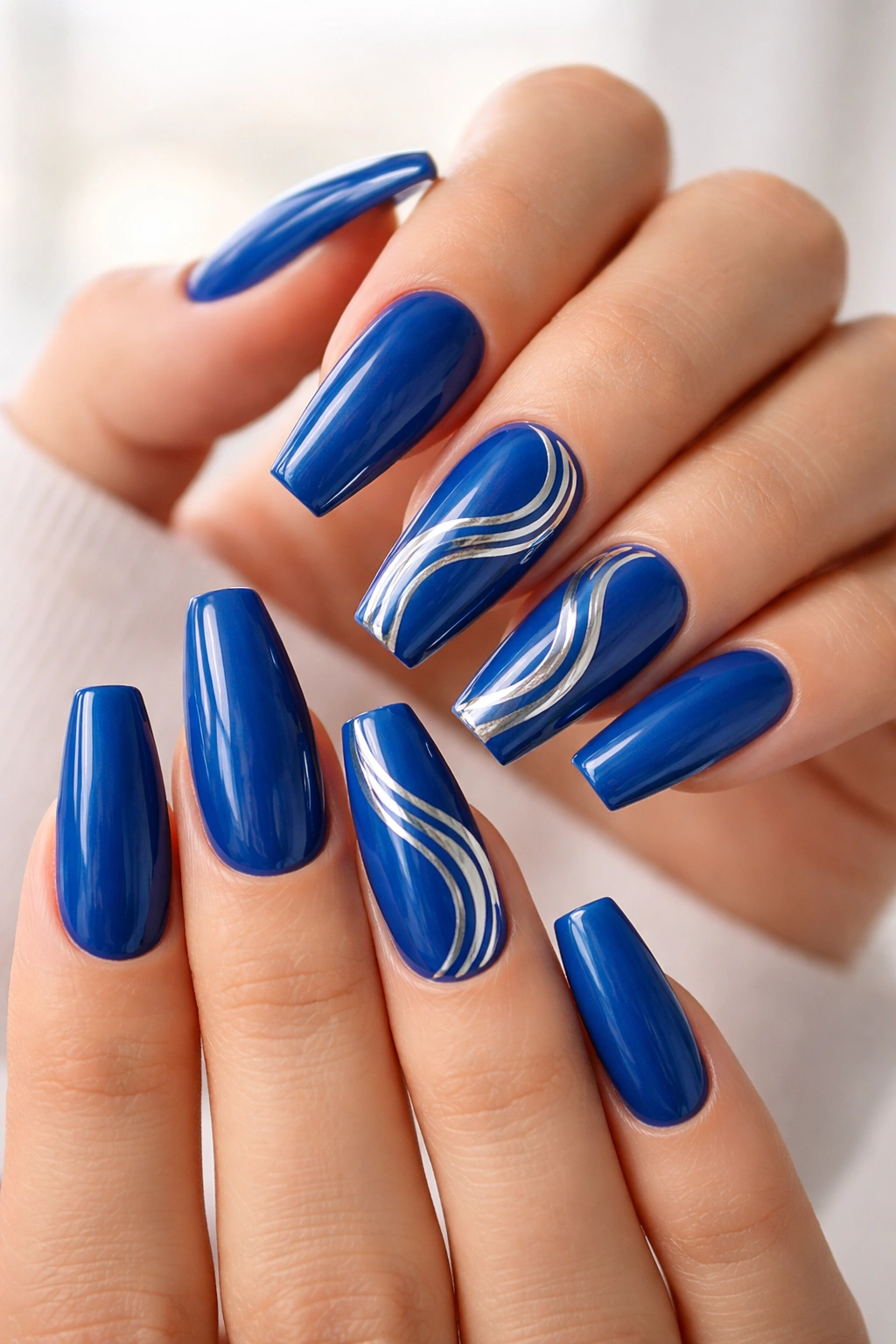 Ocean blue coffin nails with chrome wave accents