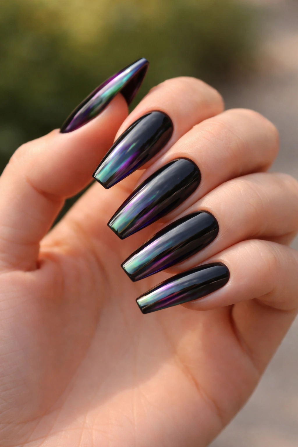 Close-up of coffin nails in oil-slick black chrome showing color shift at the edges