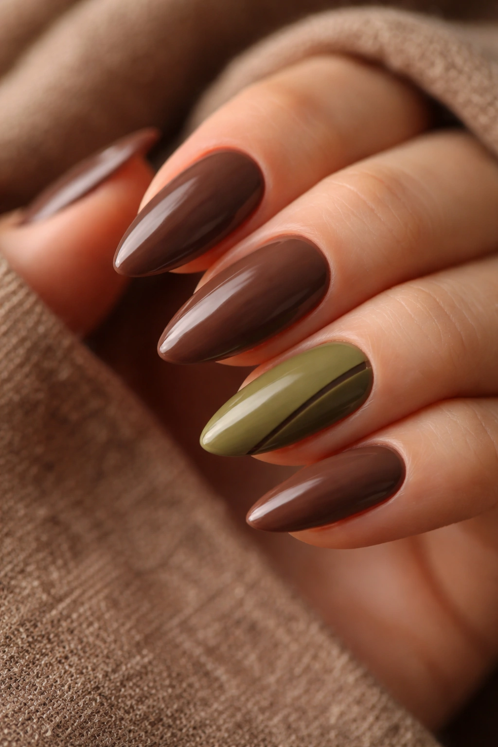 Almond nails in olive and brown earth combo with one olive accent