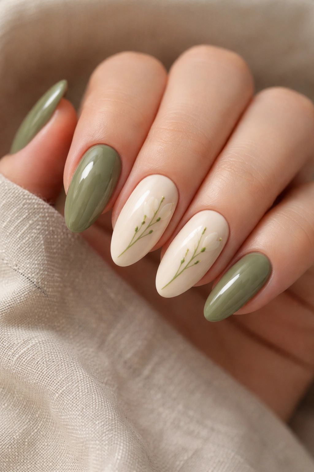Close-up of almond nails in olive and cream with off-center botanical petals