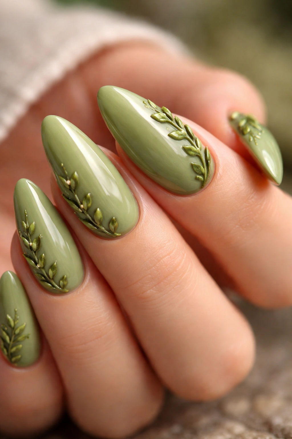 Close-up of almond nails with olive-green base and small 3D leaves along the edge