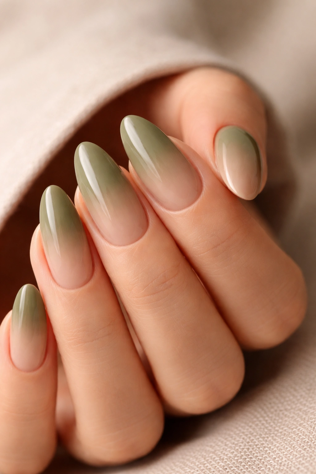 Olive to sandstone gradient on almond nails
