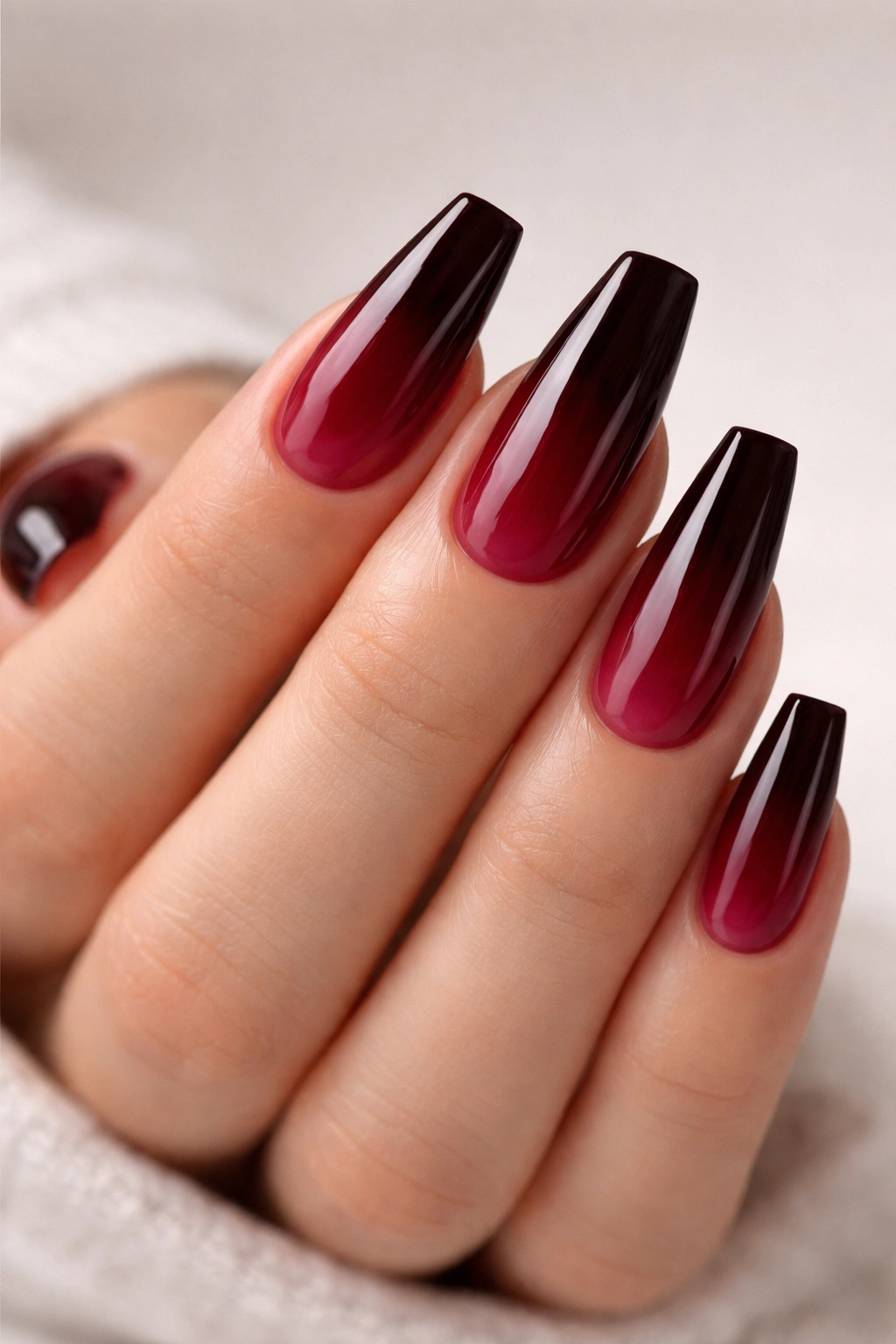 Ombré black cherry coffin nails gradient from red-plum to black burgundy