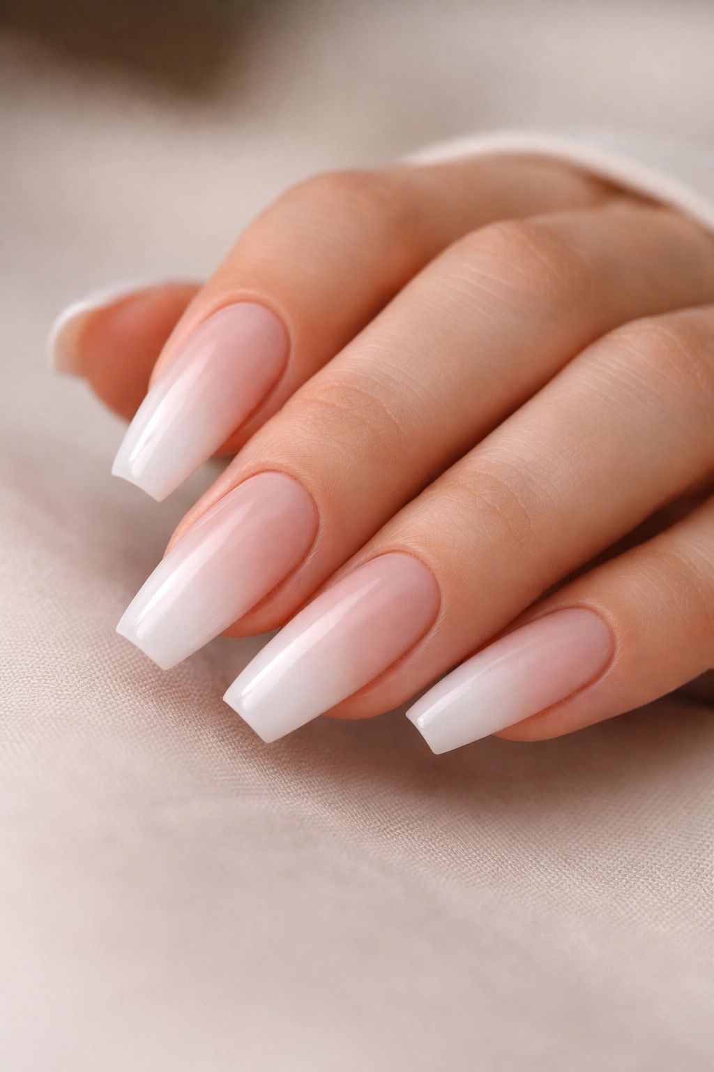 Close-up of coffin nails with pink-nude to white ombré fade, glossy finish