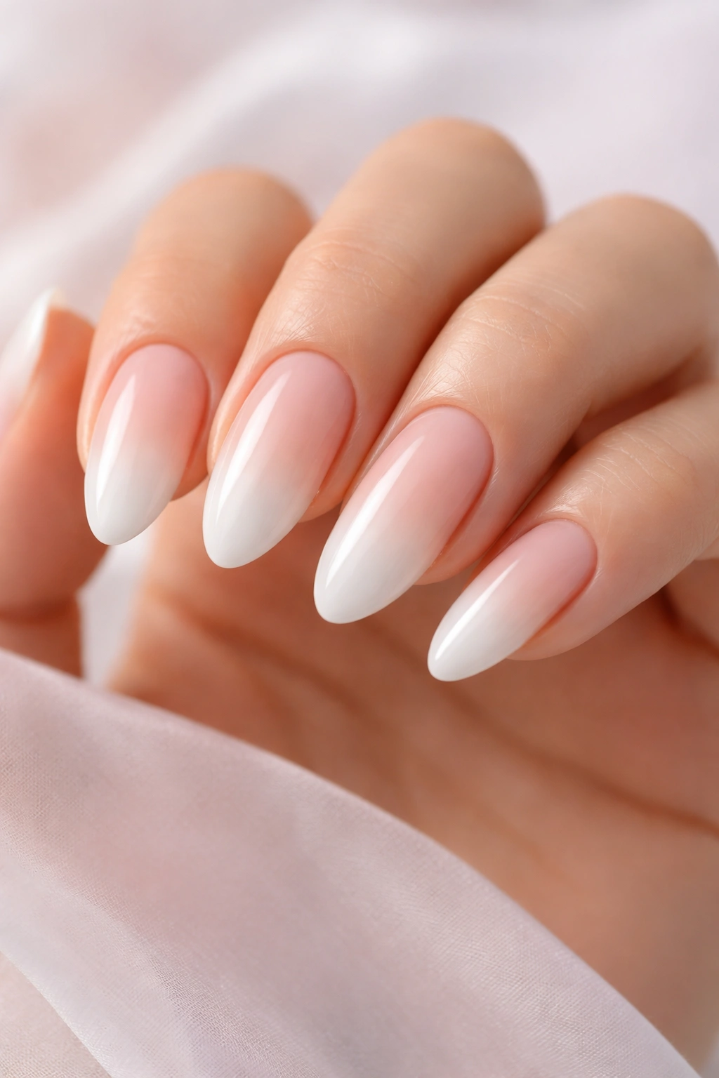 Almond nails with soft ombré fade from nude to white tips