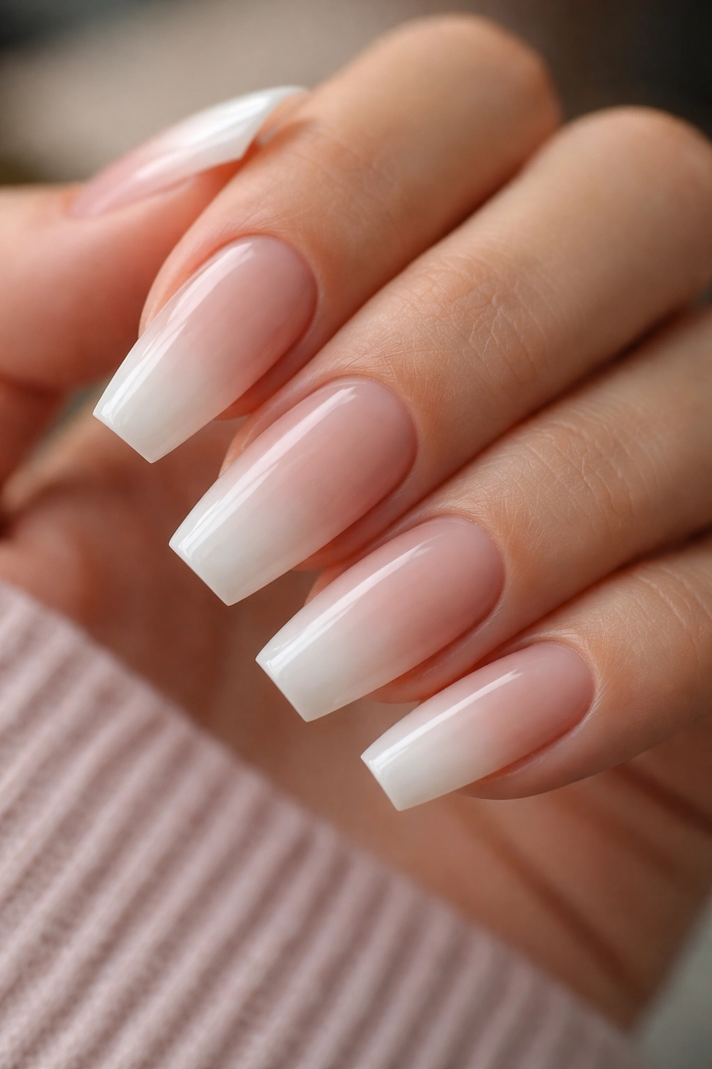 Close-up of medium coffin nails with soft gradient ombre fade