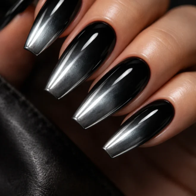 12 Black Chrome Coffin Nails That Shine