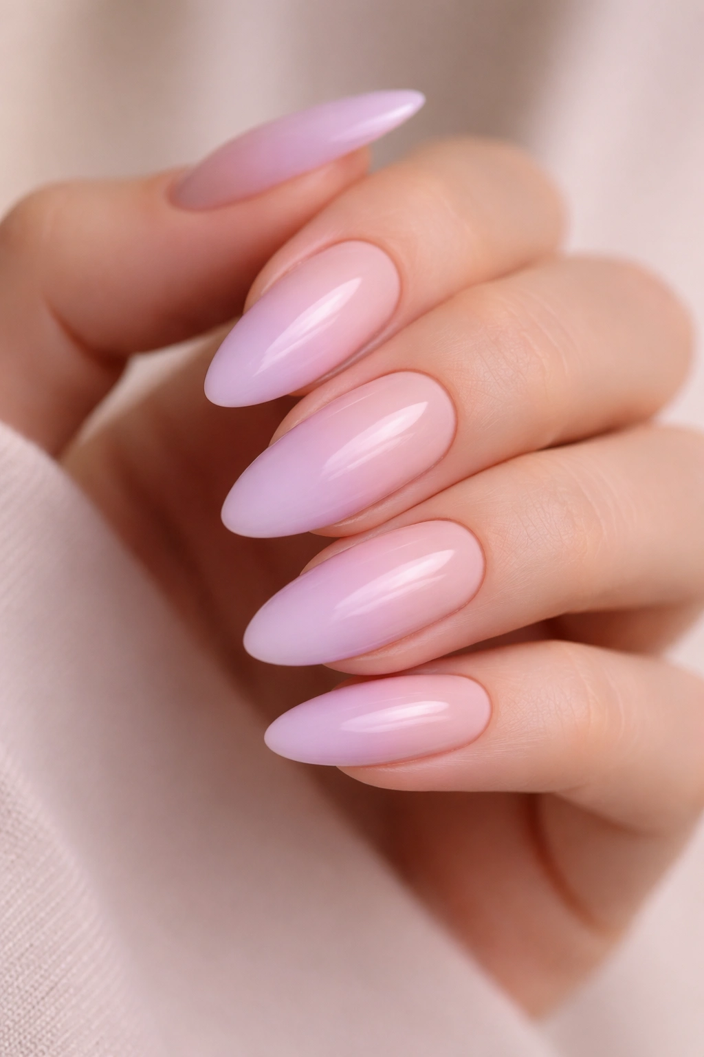 Nude to lilac ombre on almond nails with smooth gradient