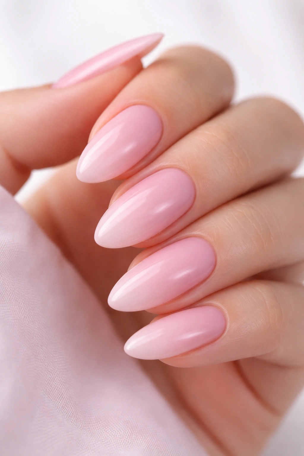 Close-up of almond nails with a subtle baby pink ombré fade