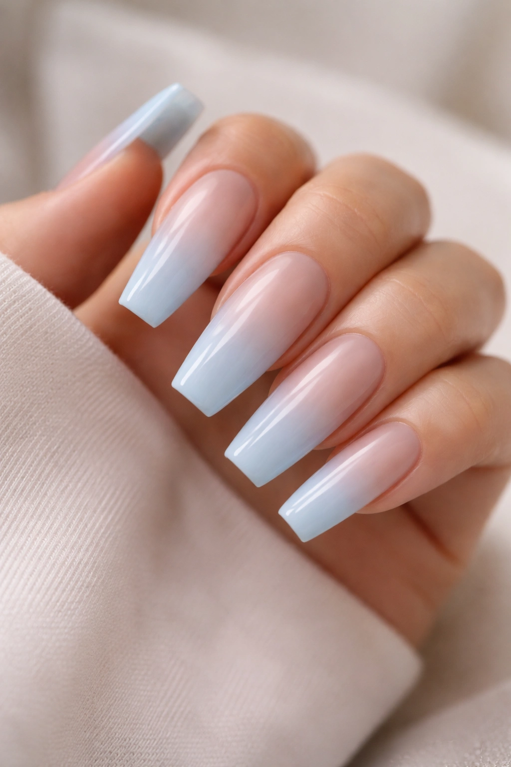Baby blue ombre coffin nails with faded tip