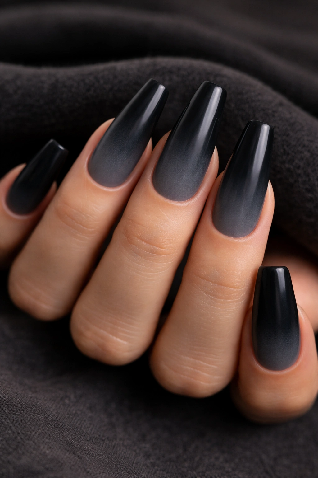 Coffin nails with black-to-charcoal ombre gradient