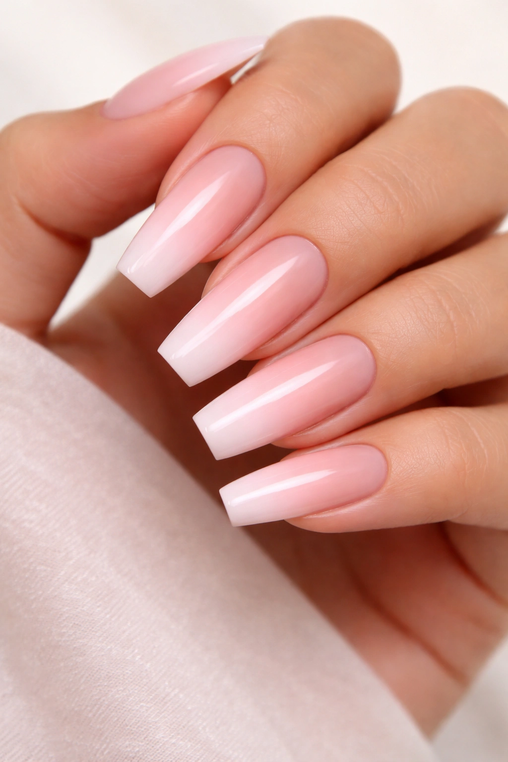 Close-up of coffin nails with a subtle ombré fade from nude at cuticle to pink at tip