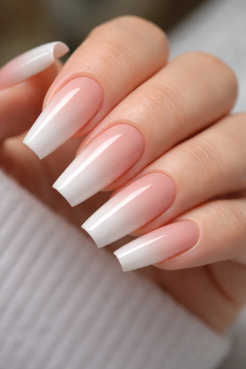 Close-up of coffin nails with nude-to-white ombré gradient and glossy finish