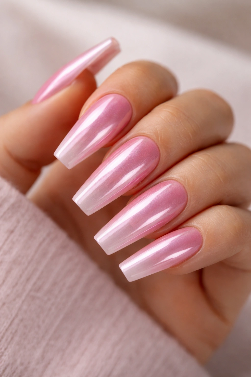 Close-up of ombre pink chrome fade from cuticle on coffin nails