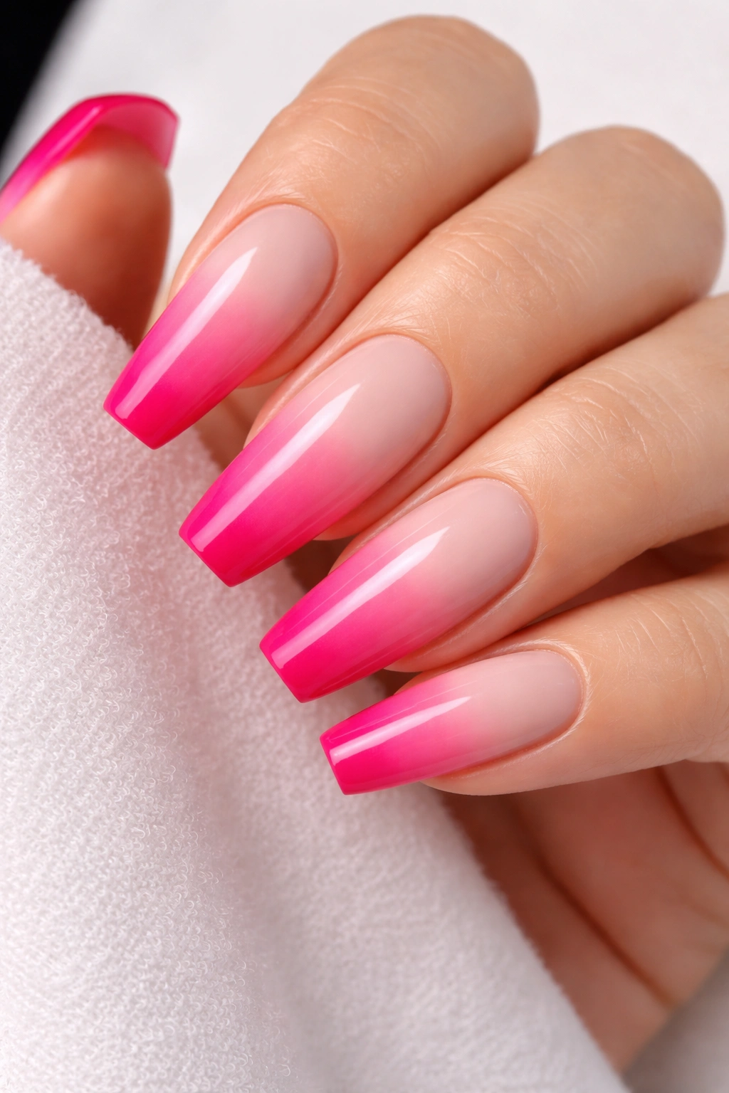 Coffin nails with ombré fade from nude to hot pink at the tip