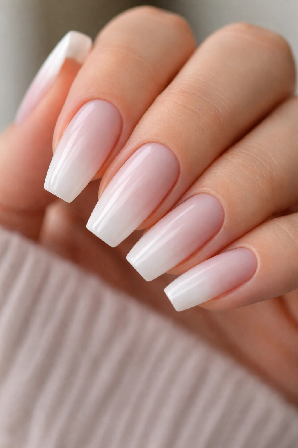 Close-up of milky white coffin nails showing opacity, length, and undertone variations