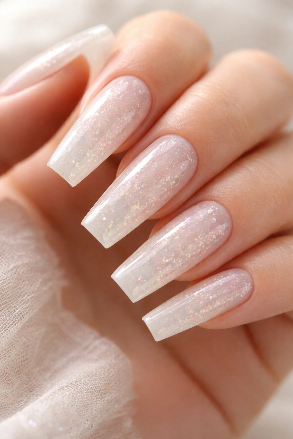Milky white coffin nails with subtle opal glitter veils