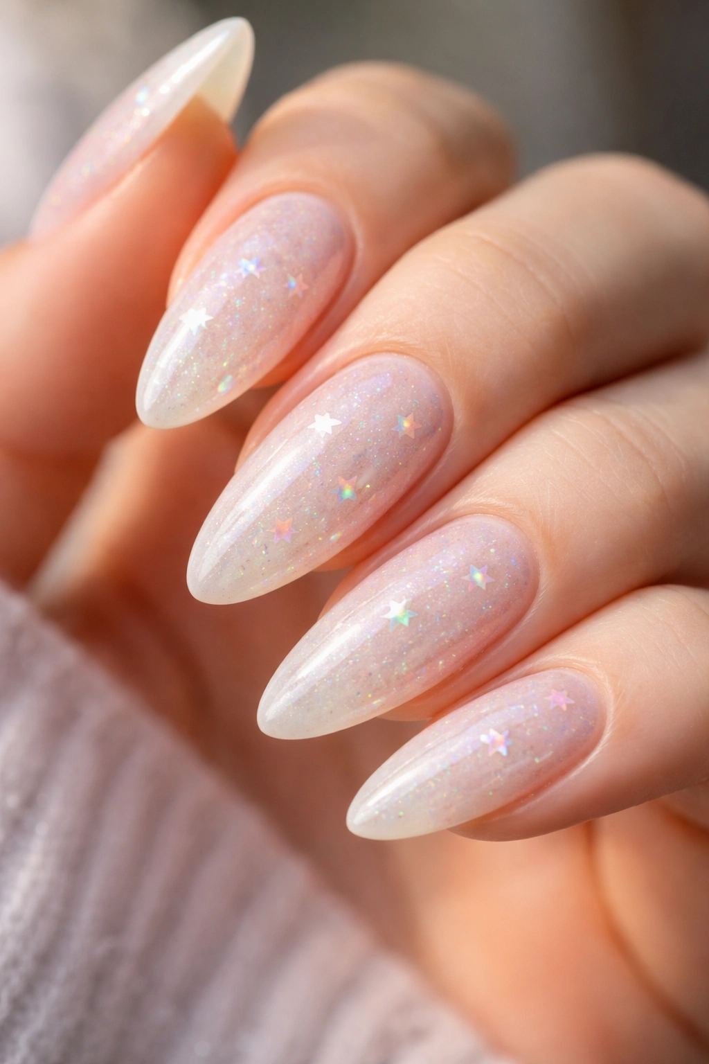 Opal almond nails with iridescent star decals