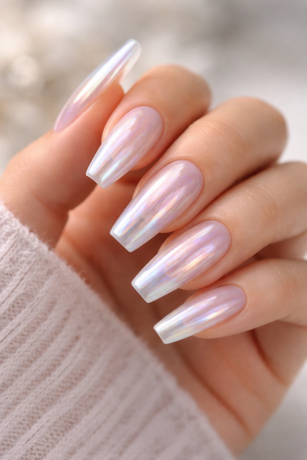 Opal unicorn chrome nails over sheer base showing color shifts