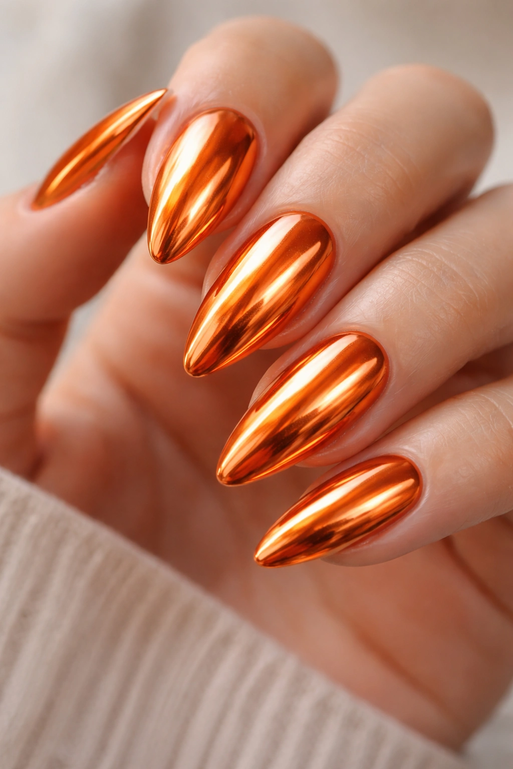 Close-up of orange chrome almond nails with reflective metallic finish