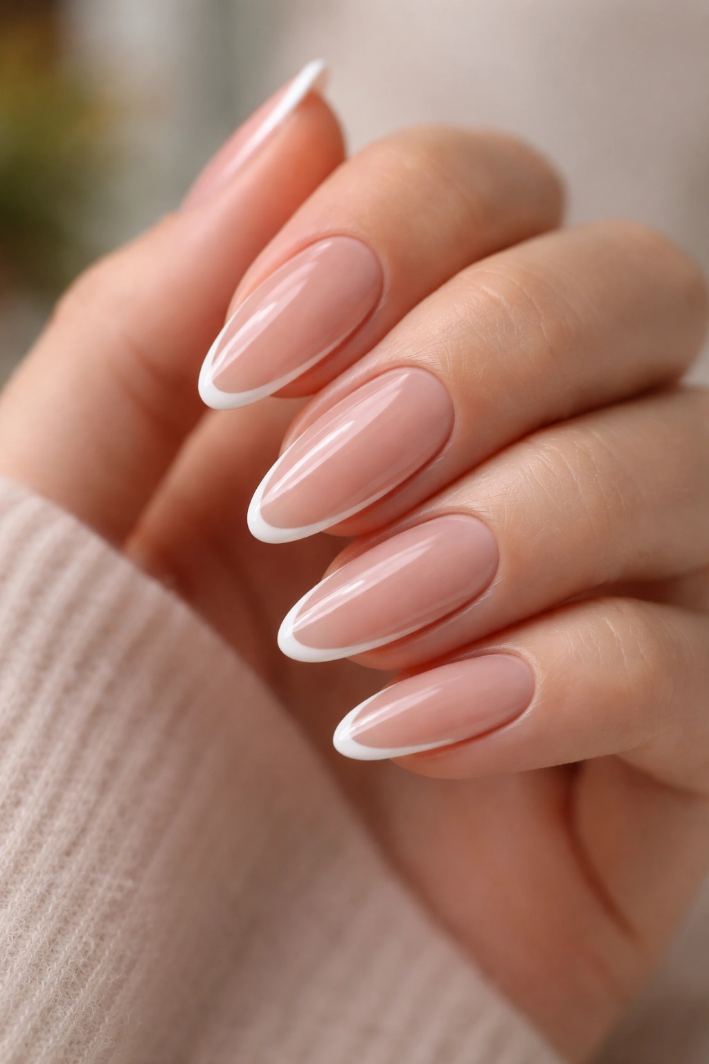 Almond nails with a thin white outline tracing the nail edge