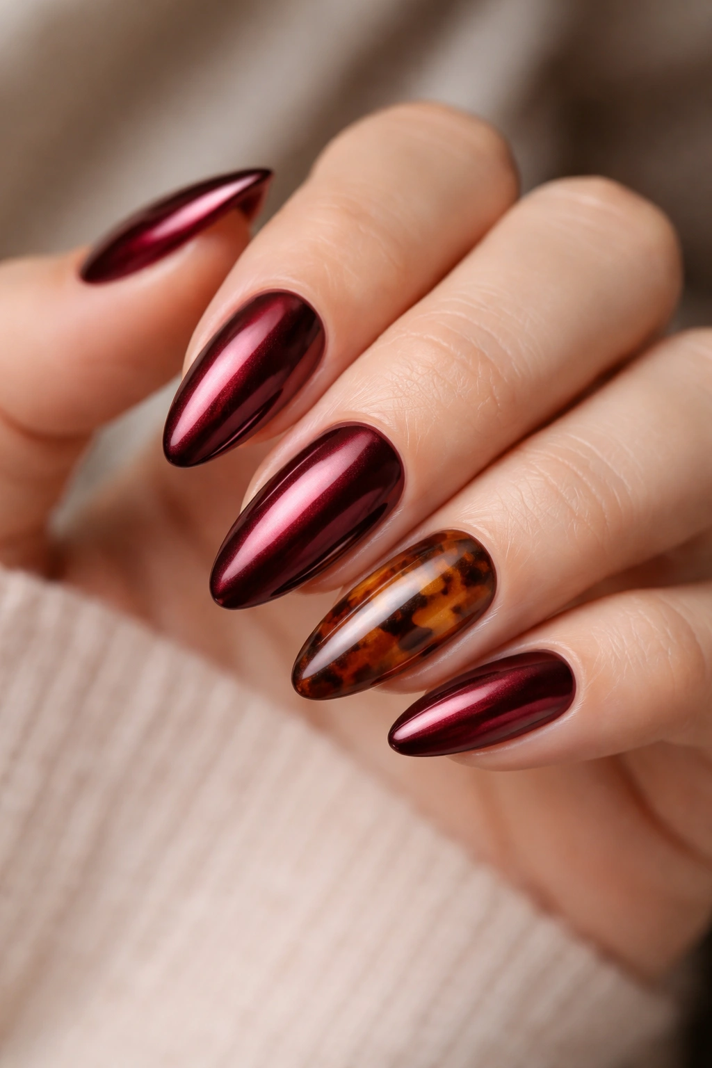 Oxblood red chrome almond nails with a tortoiseshell accent nail.