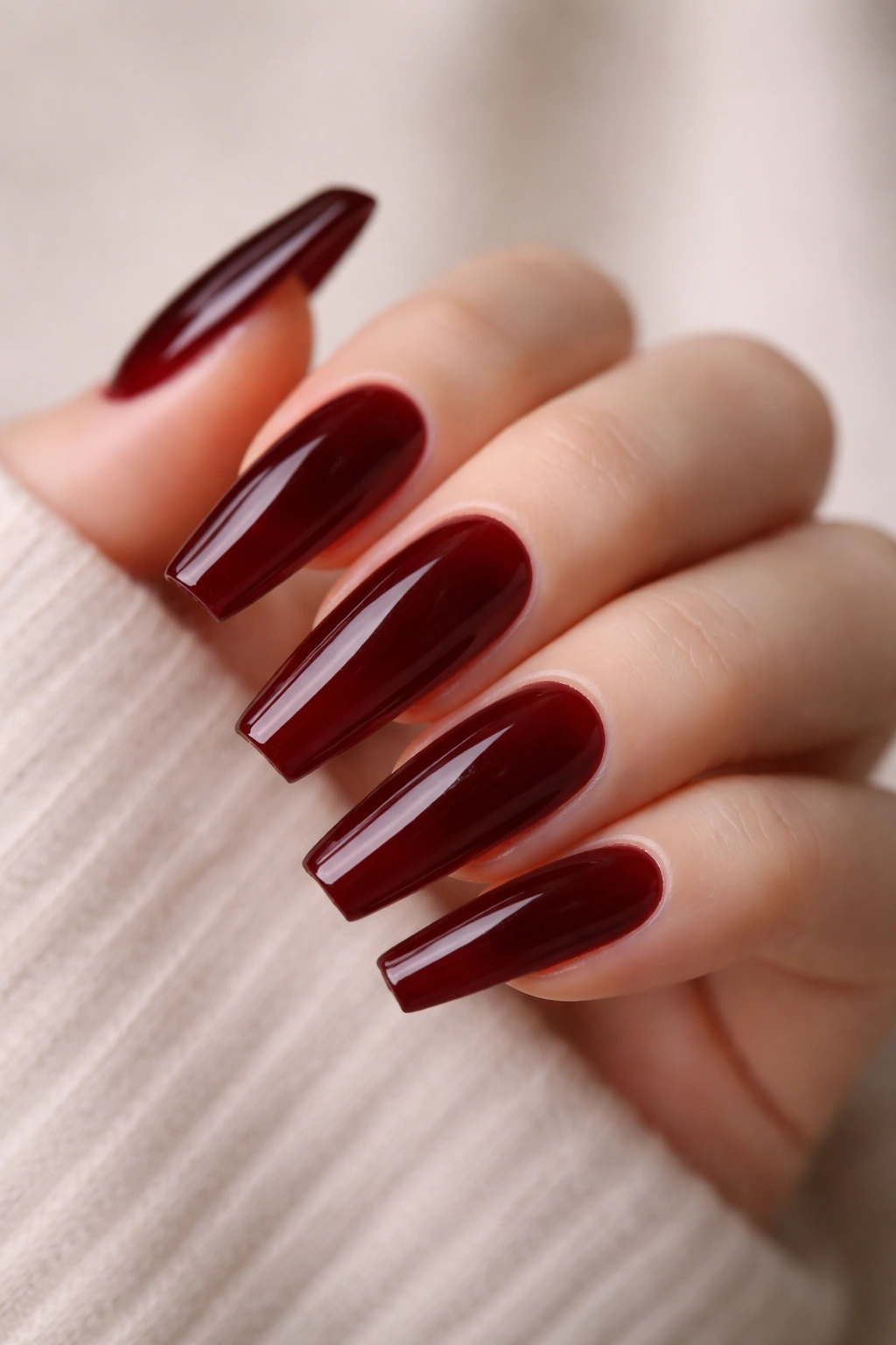 Oxblood coffin nails with glass finish and translucent edges
