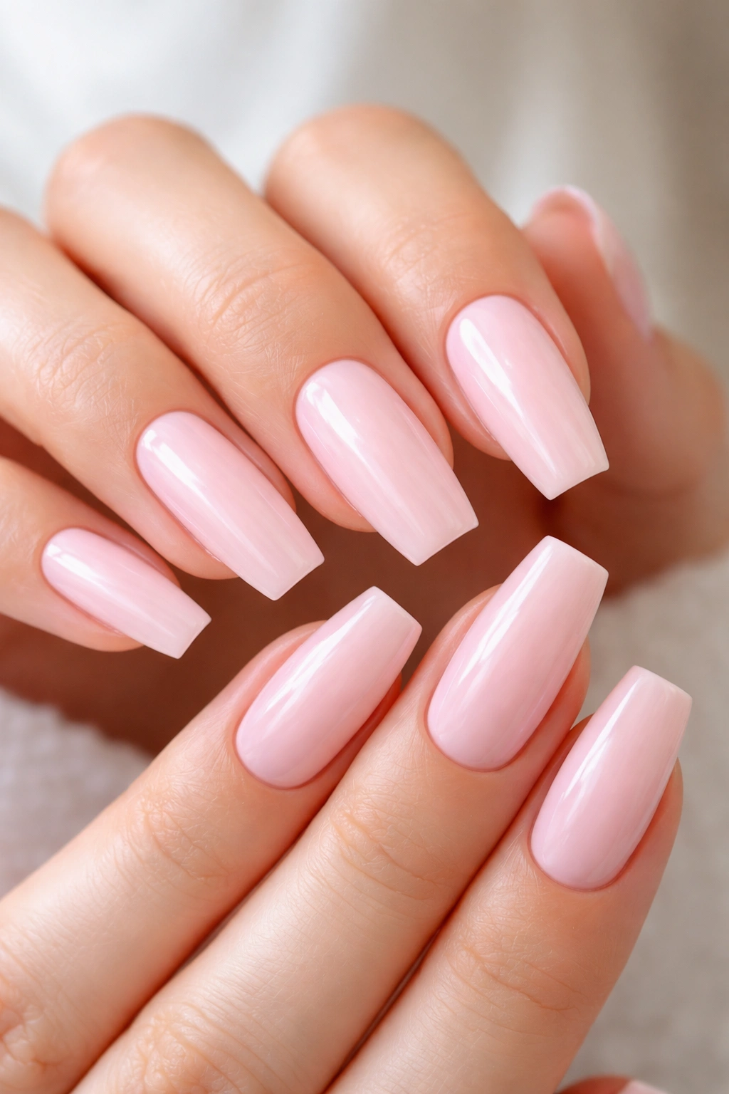 Hands with pale pink coffin nails showing neat cuticles and smooth nails.