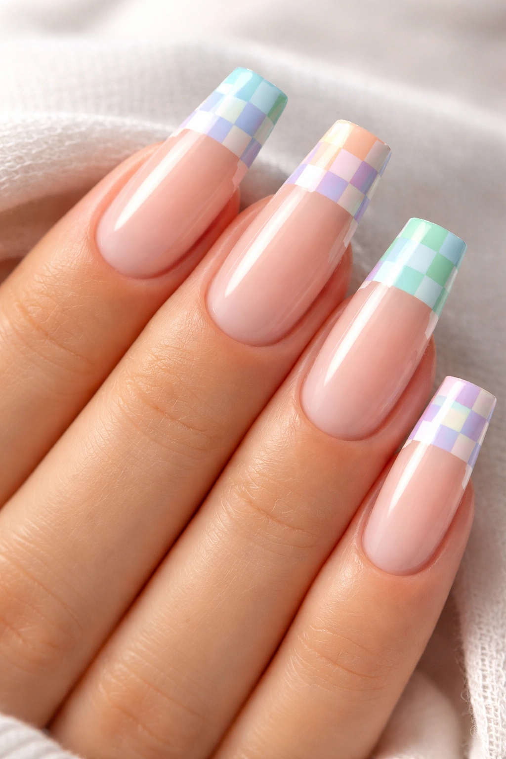 Pastel checkerboard tips on coffin nails