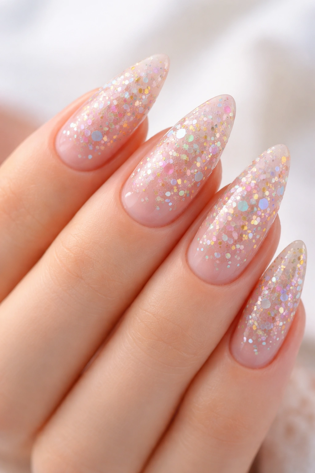 Close-up of pastel confetti glitter on sheer almond nails with soft color flecks